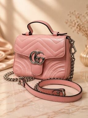 Authentic Gucci GG Marmont Top Handle Bag Pink Matelassé Leather Crossbody
